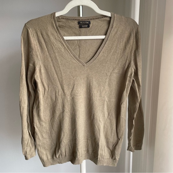 Massimo Dutti Silk Cotton Khaki Green Long Sleeves V Neck Sweater - Picture 1 of 7